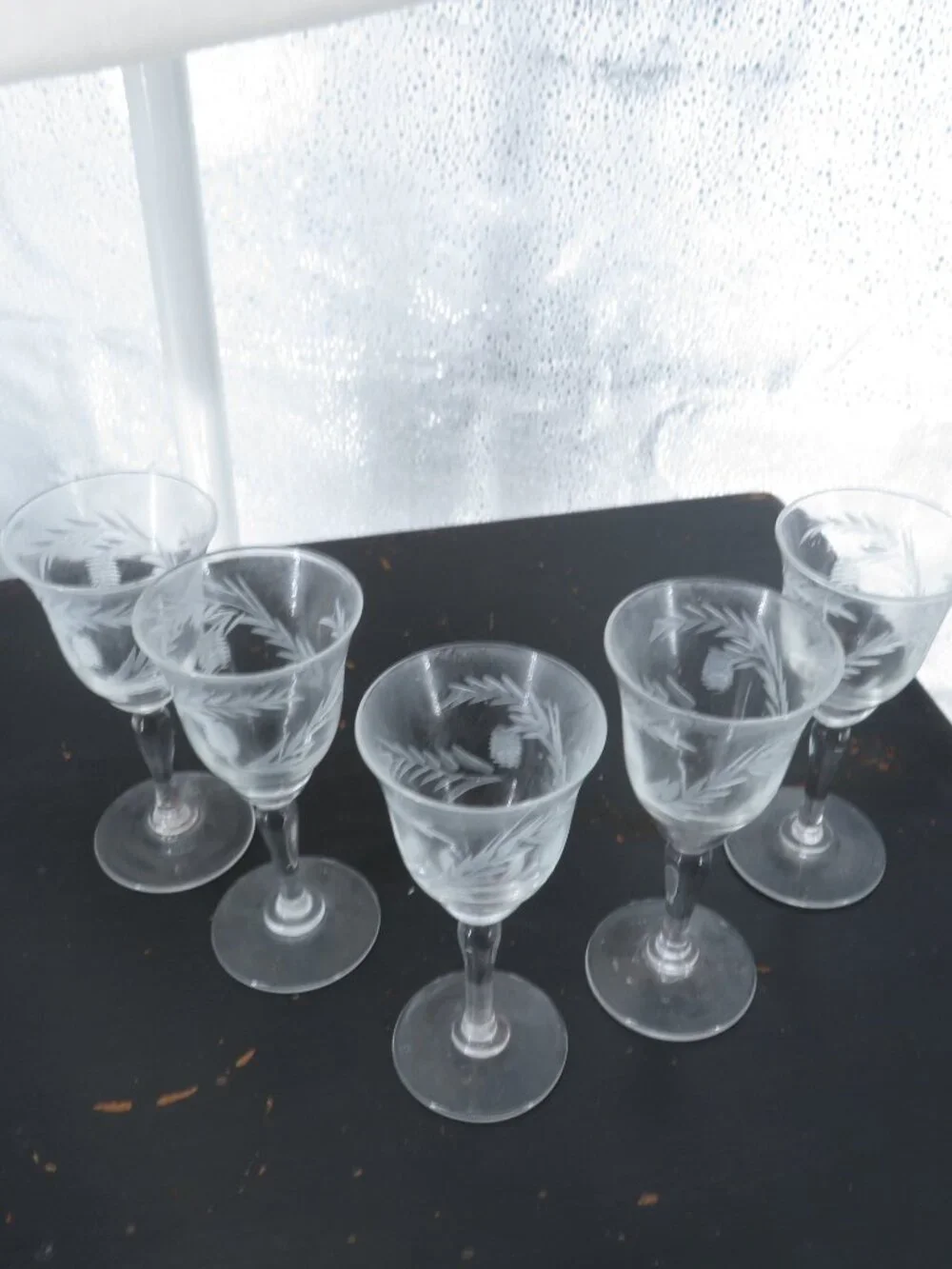 Vintage Etched Wheat Crystal Cordial Glasses Clear Set 5 Small Wine Stemware Cup